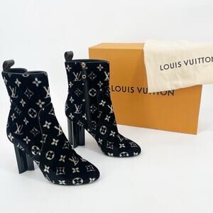 Louis Vuitton Silhouette Black Monogram Velvet Block Heel Ankle Boots EU 37.5